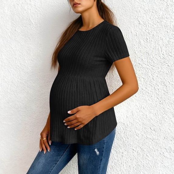 Heisall Women's Maternity Casual Short Sleeve Crew Neck Loose Fit Tops with Waist Pleats for Spring Summer Polyester Blouse
