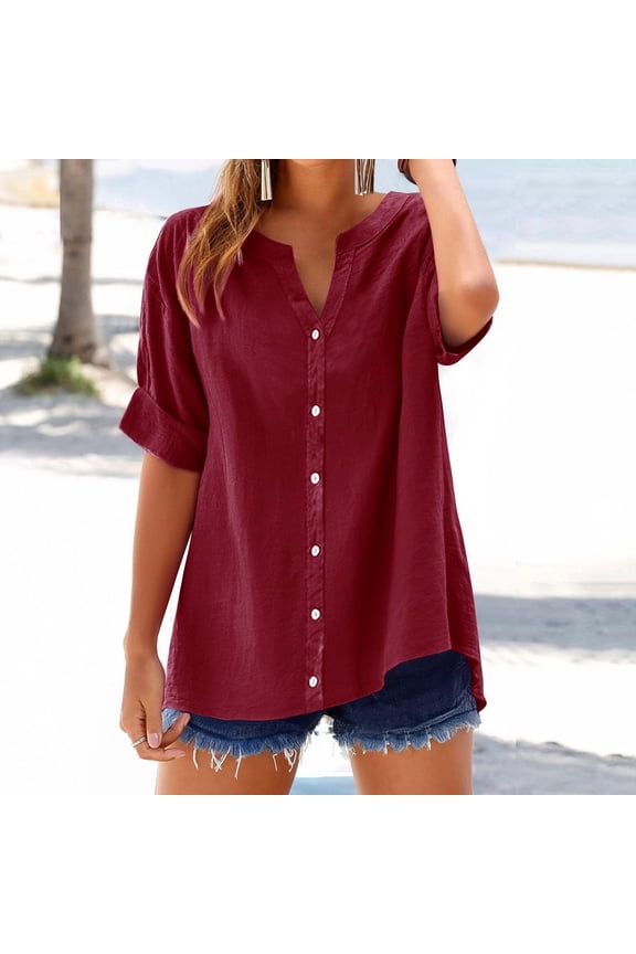 Women's Notch V Neck Button Front Rolled Short Sleeve Linen Blend Tunic Top Casual Loose Fit Lightweight Summer Blouses