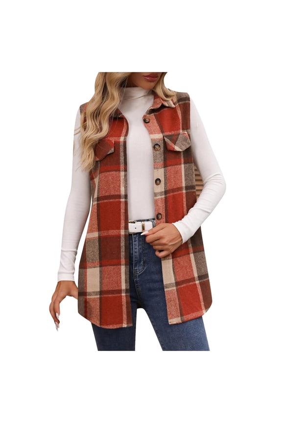 Women's Plaid Vest Flannel Button Down Sleeveless Shacket Shirt Outerwear Fall Lapel Long Jacket with Pockets