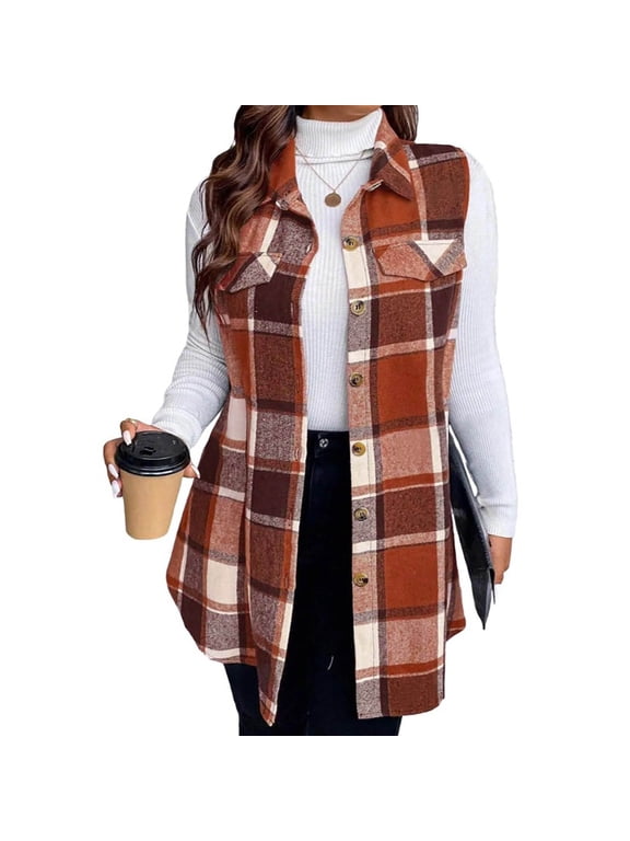Women's Plaid Vest Flannel Button Down Sleeveless Shacket Shirt Outerwear Fall Lapel Long Jacket with Pockets
