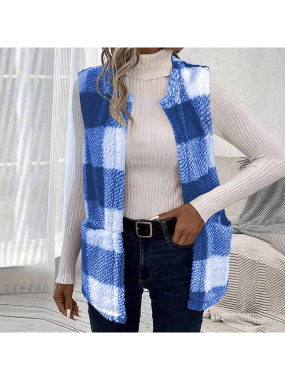 Women's Plaid Vest Flannel Button Down Sleeveless Shacket Shirt Outerwear Fall Lapel Long Jacket with Pockets