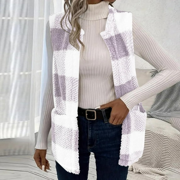 Heisall Women's Plaid Vest Flannel Button Down Sleeveless Shacket Shirt Outerwear Fall Lapel Long Jacket with Pockets