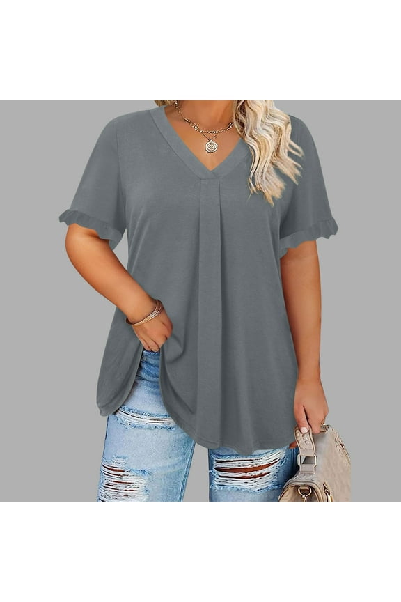 Women's Plus Size Short Sleeve V Neck Blouse with Flutter Sleeves Casual Solid Polyester Tops for Spring Summer Fashion