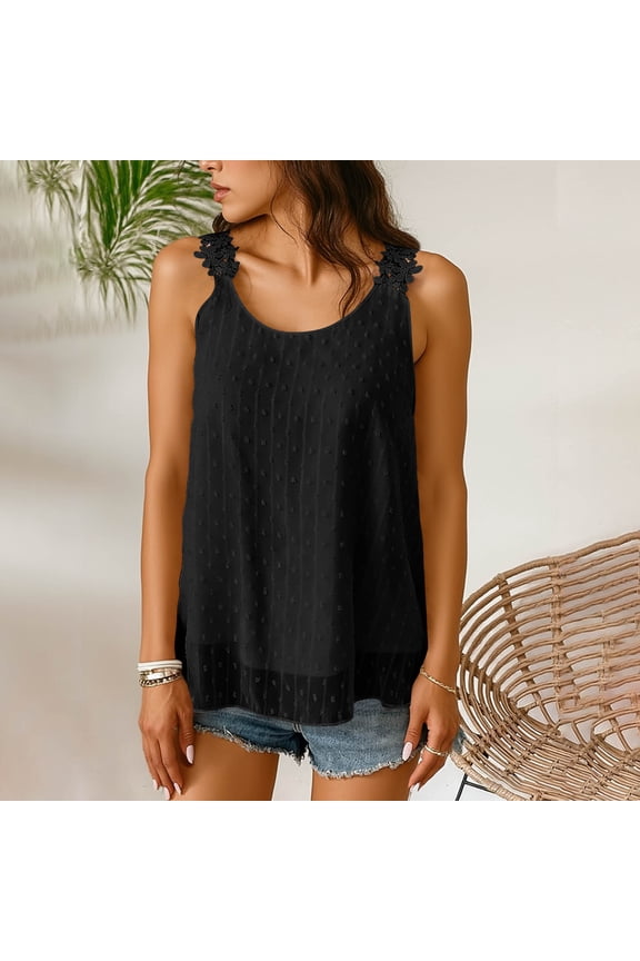 Women's Polka Dot Lace Strap Sleeveless Tunic Top Casual Loose Fit Soft Lightweight Summer Blouses