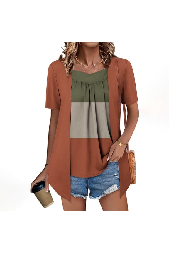 Women's Printed Fake Two Piece Short Sleeve Round-Neck Blouses Casual Tops for Summer Spring Fashion