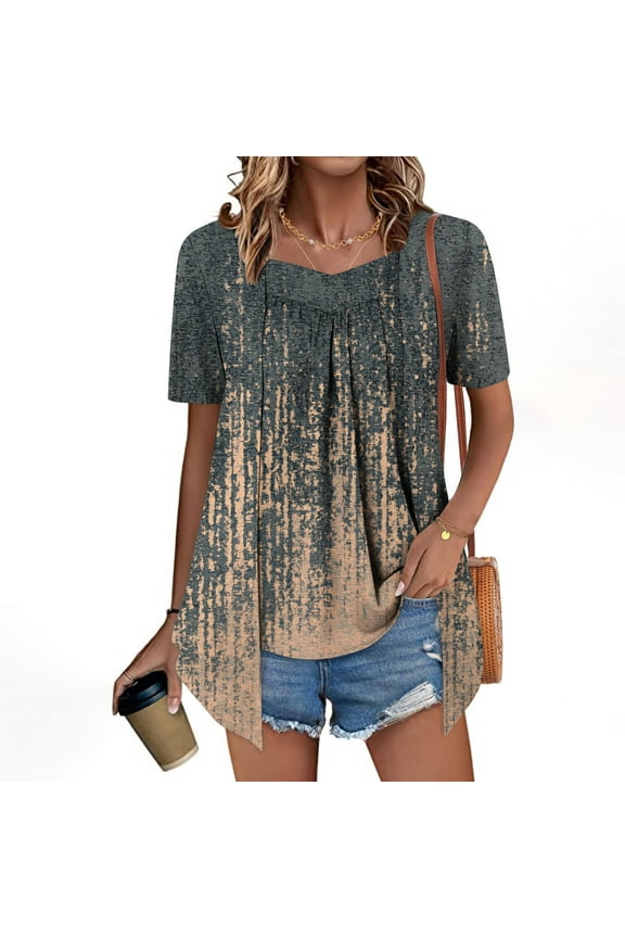 Women's Printed Fake Two Piece Short Sleeve Round-Neck Casual Blouses Summer Spring Fashion Tops