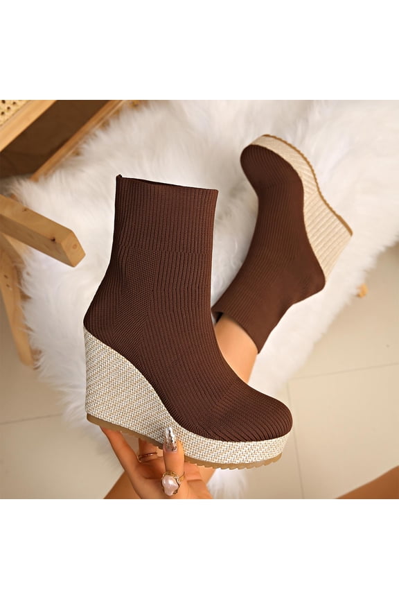 Women's Shoes Fall Winter New Arrival Fashion Casual Wedge Heel Straw Braided Knit Sock Boots Elegant Commute-Friendly Versatile