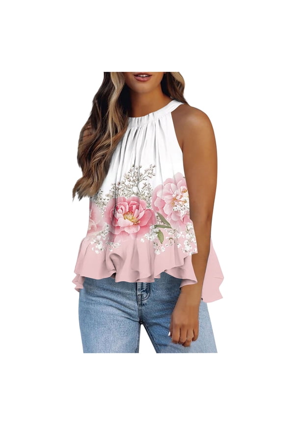 Women's Sleeveless Halter Neck Back Tie Flounce Hem Printed Casual Tops Summer Fashion Blouse