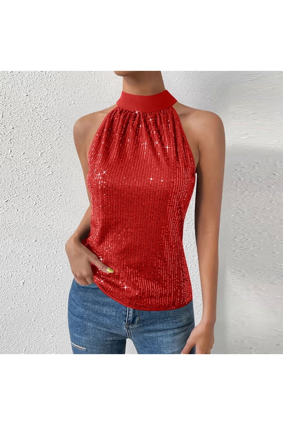 Women's Sleeveless Sequin Tops High Neck Choker Collar Casual Blouse for Spring Winter Fashion