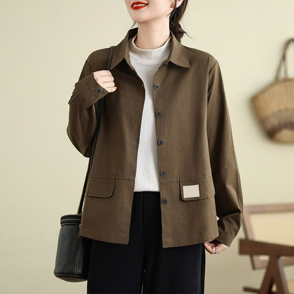 Heisall Women's Spring Autumn Jacket Washed Cotton Solid Color Utility Coat Commute Casual Oversize Loose Simple Tops