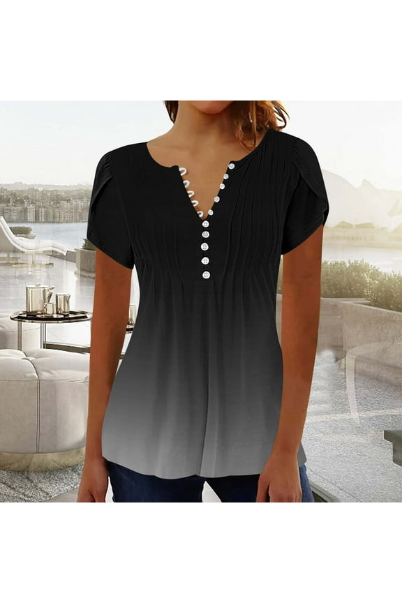 Women's Spring Summer Short Sleeve V Neck Button Down Printed Tops Casual Party Blouse