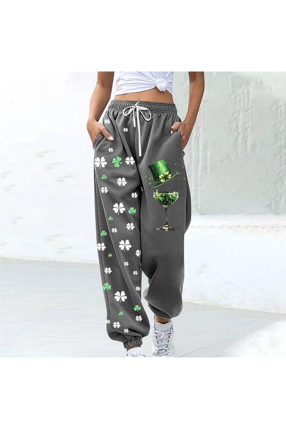 Women's St Patricks Day Pants Shamrock Printed Trousers Oversize Loose Breathable Pant Wide Leg Lounge Trouser