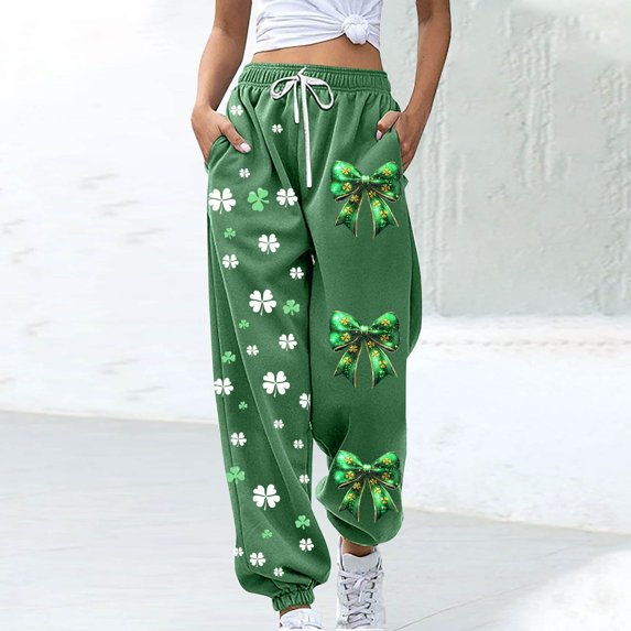 Heisall Women's St Patricks Day Pants Shamrock Printed Trousers Oversize Loose Breathable Pant Wide Leg Lounge Trouser
