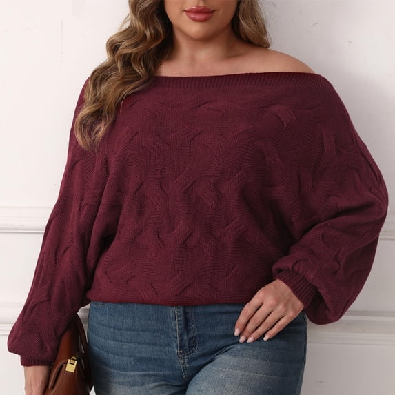 Heisall Women's Sweaters Off-Shoulder Long Sleeve Plus Size Loose Fit Pullover Knit Casual Solid Color