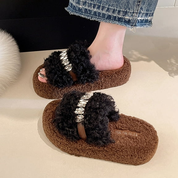 Heisall Women's Thick-Soled Rhinestone Open-Toe Slippers, Plush Fleece Lined Fuzzy House Shoes with Non-Slip Sole for Fall and Winter Indoor Comfort, Multi-Color Options