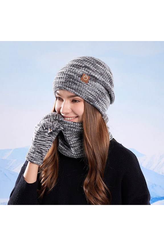 Women's Three-Piece Knitted Hat Scarf Gloves Set, Fleece Lined Warm Winter Beanie with Ear Protection for Outdoor Cold Weather Activities