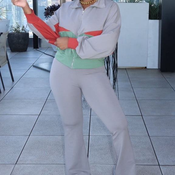 Heisall Women's Two Piece Lounge Set Colorblock Long Sleeve Tops and Flare Pants Winter Casual Outfits