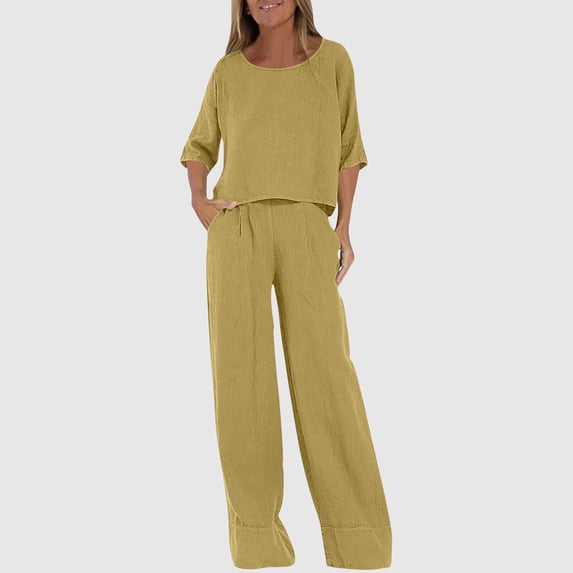 Heisall Women's Two Piece Lounge Set Long Sleeve Top and Wide Leg Pants Solid Color Casual Spring Summer Outfits