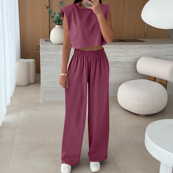 Heisall Women's Two Piece Lounge Sets Sleeveless Round Neck Shoulder Padded Top and Pants Casual Summer Spring Outfits
