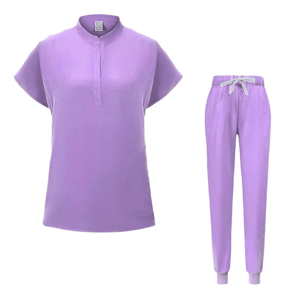 Heisall Women's Two Piece Nursing Uniform Set Loose Drawstring Pants with Pockets Short Sleeve Round Neck Top for Work and Home Wear