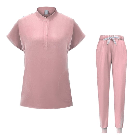 Heisall Women's Two Piece Nursing Uniform Set Loose Drawstring Pants with Pockets Short Sleeve Round Neck Top for Work and Home Wear