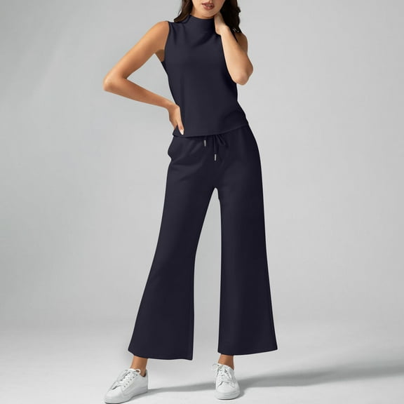 Heisall Women's Two Piece Sets High Neck Sleeveless Top and Wide Leg Pants Casual Lounge Sets Spring Summer Outfits