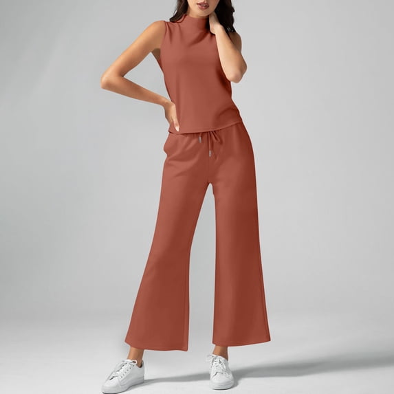 Heisall Women's Two Piece Sets High Neck Sleeveless Tops and Wide Leg Pants Casual Lounge Sets Spring Summer Outfits