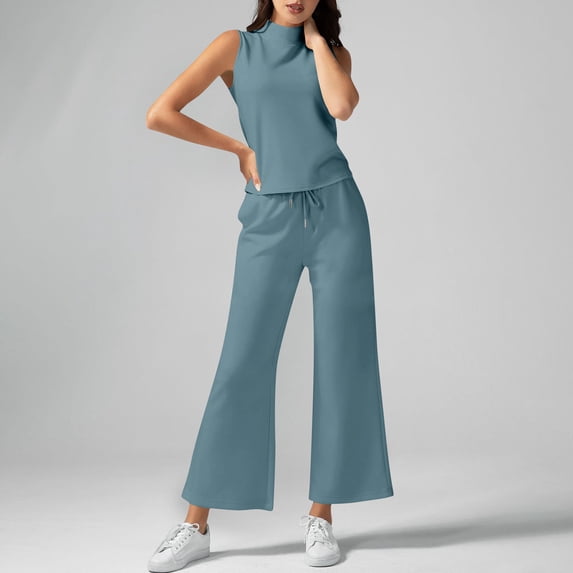 Heisall Women's Two Piece Sets High Neck Sleeveless Tops and Wide Leg Pants Casual Lounge Sets Spring Summer Outfits
