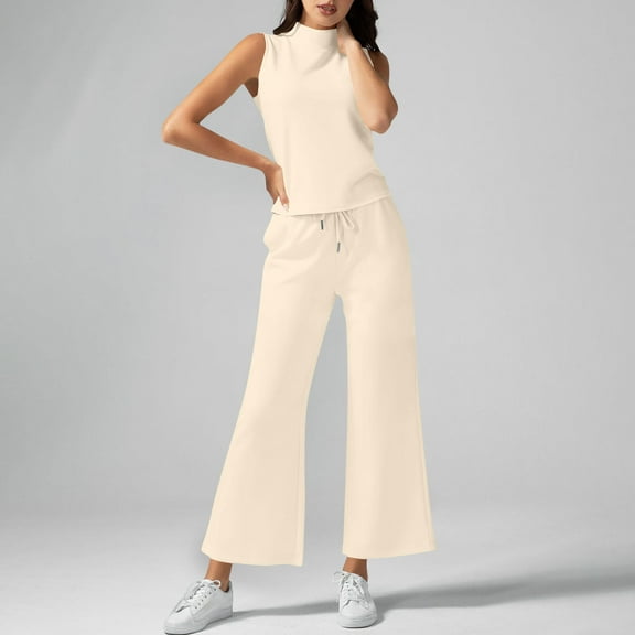 Heisall Women's Two Piece Sets High Neck Sleeveless Tops and Wide Leg Pants Casual Lounge Sets Spring Summer Outfits