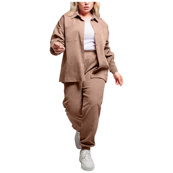 Heisall Women's Two Piece Sets Plus Size Collar Shirt and Corduroy Pants Loose Fit Fall Winter Casual Outfits
