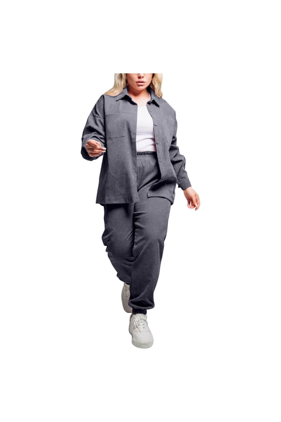 Women's Two Piece Sets Plus Size Collar Shirt and Corduroy Pants Loose Fit Fall Winter Casual Outfits