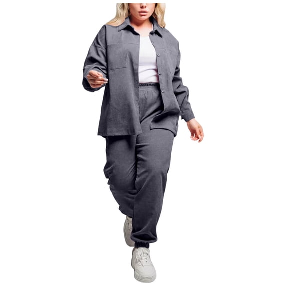 Heisall Women's Two Piece Sets Plus Size Collar Shirt and Corduroy Pants Loose Fit Fall Winter Casual Outfits