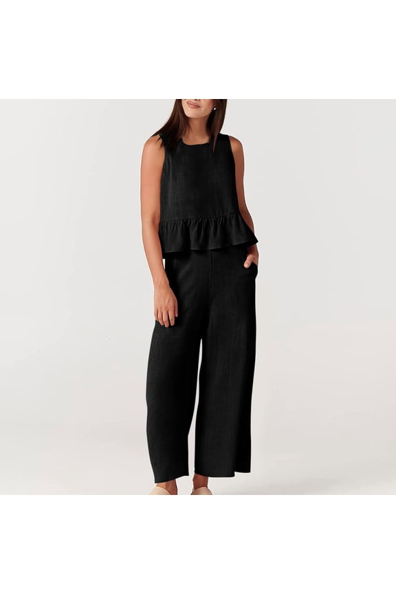 Women's Two Piece Sets Sleeveless Pleated Top and Wide Leg Cropped Pants Casual Lounge Sets Summer