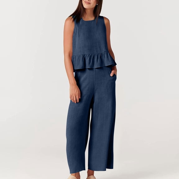 Heisall Women's Two Piece Sets Sleeveless Pleated Top and Wide Leg Cropped Pants Casual Lounge Sets Summer