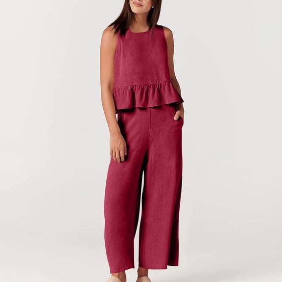 Heisall Women's Two Piece Sets Sleeveless Pleated Top and Wide Leg Cropped Pants Casual Lounge Sets Summer