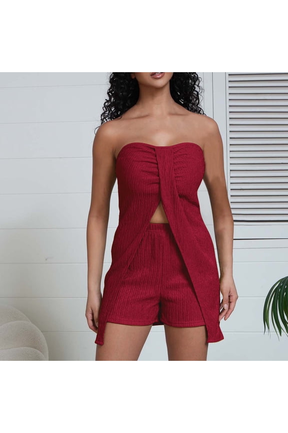 Women's Two Piece Sets Strapless Sleeveless Square Neck Top and Shorts Summer Casual Lounge Sets