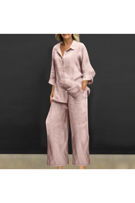 Women's Two Piece Sets V Neck Long Sleeve Shirt and Wide Leg Pants Casual Outfits for Spring and Summer