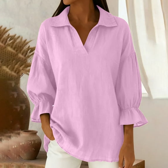 Heisall Women's V Neck 3/4 Sleeve Blouse Solid Color Casual Tops Polyester Shirts for Daily Wear