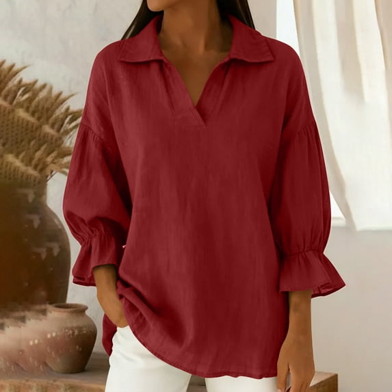 Heisall Women's V Neck 3/4 Sleeve Blouse Solid Color Casual Tops Polyester Shirts for Daily Wear