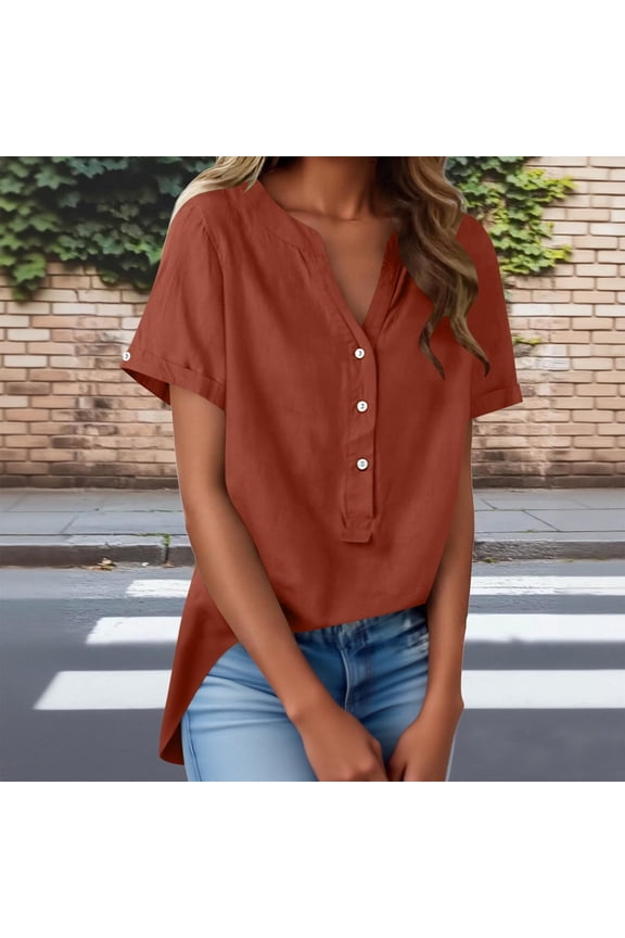 Women's V-Neck Button Front Short Sleeve Tops Linen Inspired Casual Blouse for Spring Summer Fall Fashion