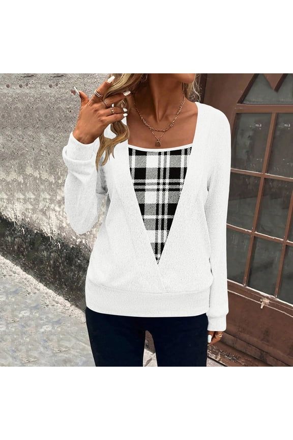 Women's V-Neck Solid-Color Checkered Casual Long Sleeve Tops Spring Winter Fashion Blouse