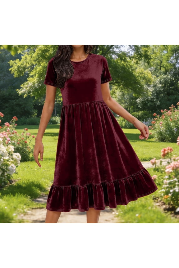 Women's Velvet Short Sleeve Dress Cocktail Casual Dress Crew Neck Empire Waist Midi Dresses Pleated Ruffled Hem Dresses