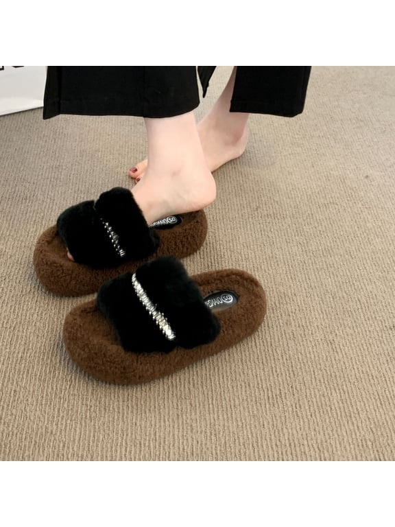 Women's Versatile Sweet & Cool Letter Thick Sole Platform Slippers, Cozy Plush Lined Indoor/Outdoor House Shoes with Anti-Slip Sole for Fall and Winter Comfort