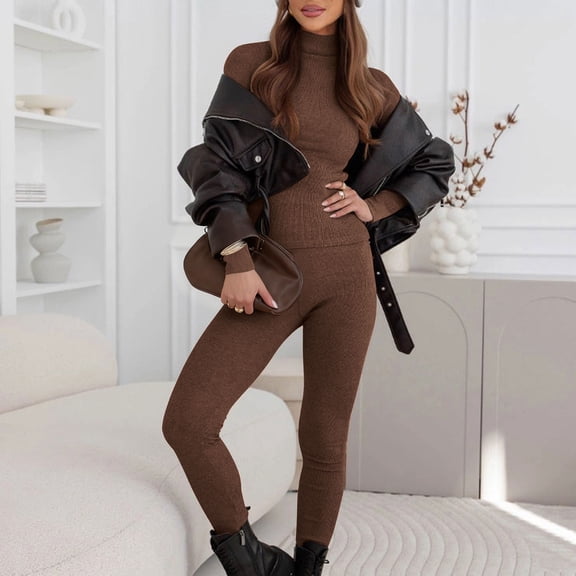 Heisall Women's Warm Knitted Pajamas Set - High Neck Slim Pullover & Leggings, Soft Thermal Loungewear for Winter Home Sleep Wear