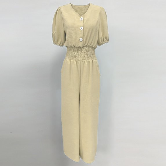 Heisall Women's Wide Leg Jumpsuit Pants Solid Color Short Sleeve Button V-Neck with Pockets Casual