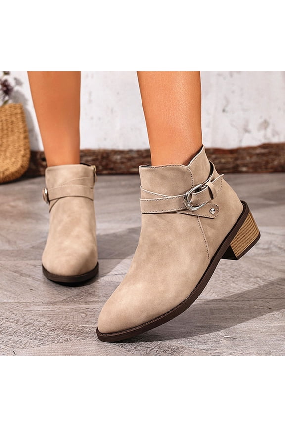 Women's Winter Ankle Boots Pointed Toe Side Zipper Chunky Low Heel Solid Color Casual Fashion