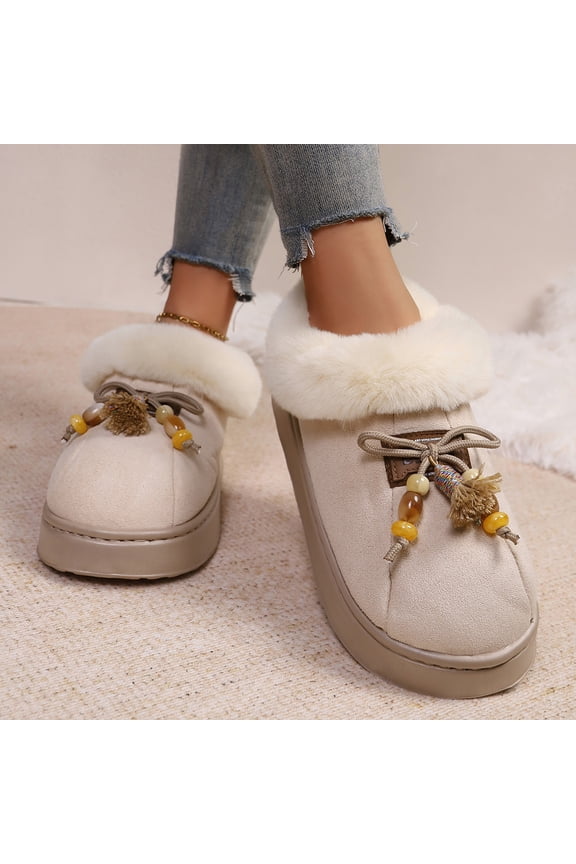 Women's Winter Faux Lined Thick-Soled Slippers with Bohemian Beaded Tassels and Bow Details, Round Toe Closed Heel Soft Fabric Casual Shoes for Indoor & Outdoor Use