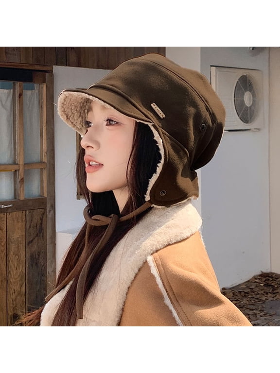 Women's Winter Fleece Lined Bucket Hat Thickened Warm Ear Protection Flight Hat for Daily Casual Use
