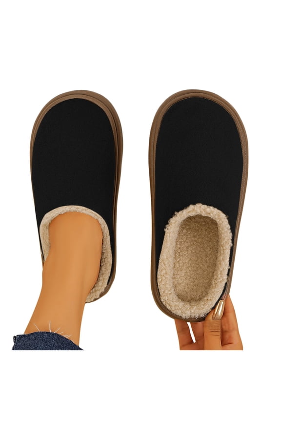 Women's Winter Fleece-Lined Slip-On Slippers with Suede-Like Upper and Non-Slip Rubber Sole, Indoor/Outdoor Casual House Shoes in Tan/Brown/Black