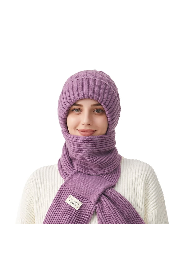 Women's Winter Thickened Warm Knit Hat Scarf Set Ear Protection Conjoined Hat for Daily Outdoor Wear